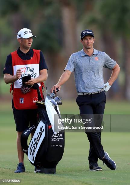 Adam Scott of Australia plays a shot during the pro-am round prior to the Honda Classic at PGA National Resort and Spa on February 21, 2018 in Palm...