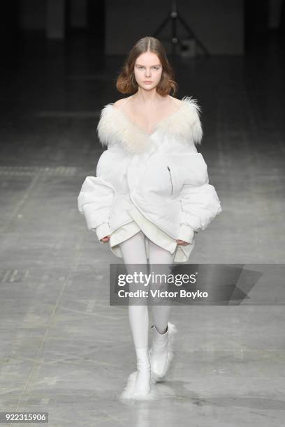 Model walks the runway at the Angel Chen show during Milan Fashion Week Fall/Winter 2018/19 on February 21, 2018 in Milan, Italy.