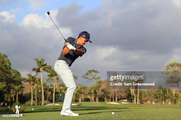 Rickie Fowler plays a shot during the pro-am round prior to the Honda Classic at PGA National Resort and Spa on February 21, 2018 in Palm Beach...