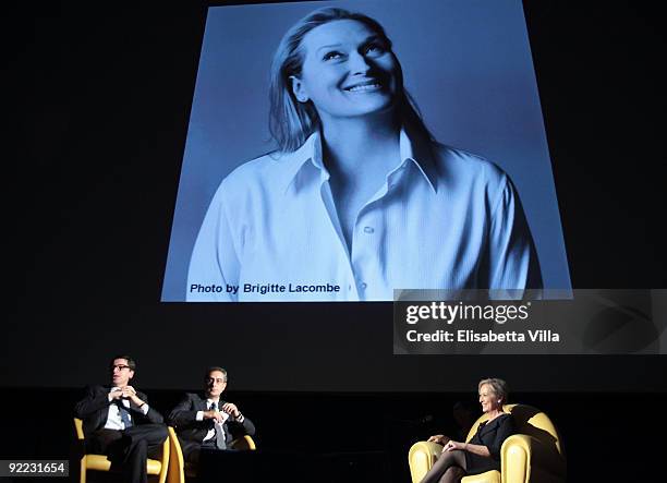 Moderator, Mario Sesti and actress Maryl Streep attend the Meryl Streep Masterclass during Day 8 of the 4th International Rome Film Festival held at...