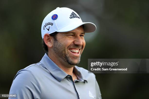 Sergio Garcia of Spain smiles during the pro-am round prior to the Honda Classic at PGA National Resort and Spa on February 21, 2018 in Palm Beach...