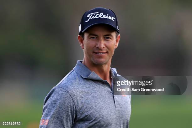 Adam Scott of Australia smiles during the pro-am round prior to the Honda Classic at PGA National Resort and Spa on February 21, 2018 in Palm Beach...