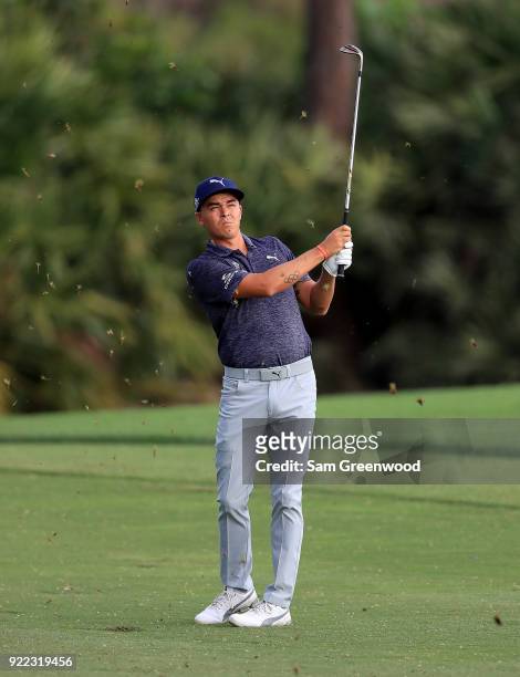 Rickie Fowler plays a shot during the pro-am round prior to the Honda Classic at PGA National Resort and Spa on February 21, 2018 in Palm Beach...