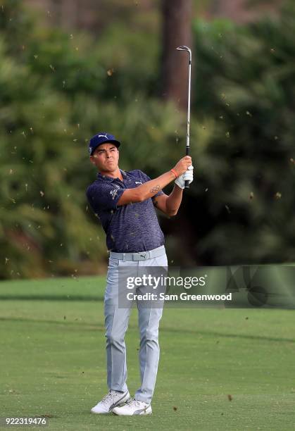 Rickie Fowler plays a shot during the pro-am round prior to the Honda Classic at PGA National Resort and Spa on February 21, 2018 in Palm Beach...