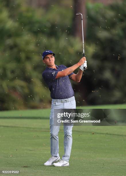 Rickie Fowler plays a shot during the pro-am round prior to the Honda Classic at PGA National Resort and Spa on February 21, 2018 in Palm Beach...