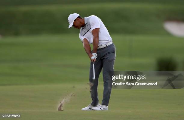 Tiger Woods plays a shot during the pro-am round prior to the Honda Classic at PGA National Resort and Spa on February 21, 2018 in Palm Beach...