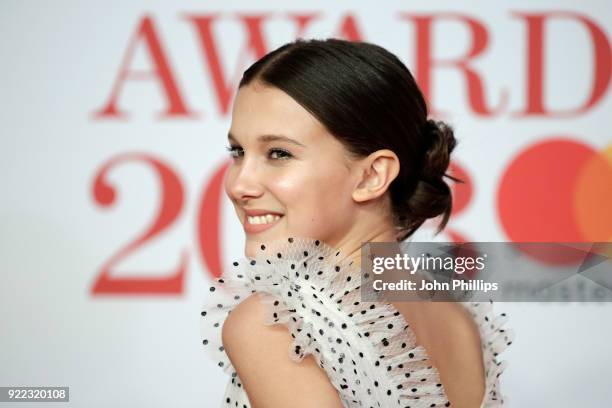 Millie Bobby Brown attends The BRIT Awards 2018 held at The O2 Arena on February 21, 2018 in London, England.