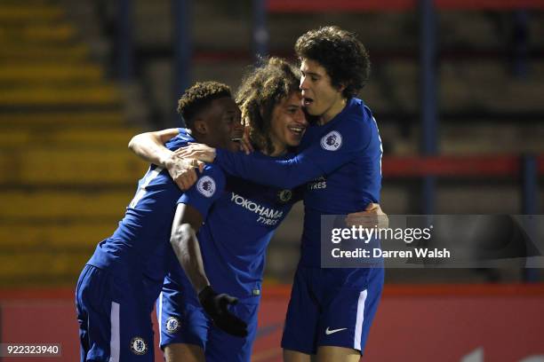 Ethan Ampadu of Chelsea celebrates his goal and Chelsea's 1st with Callum Hudson Odoi and Harvey St Clair during the UEFA Youth League Round of 16...