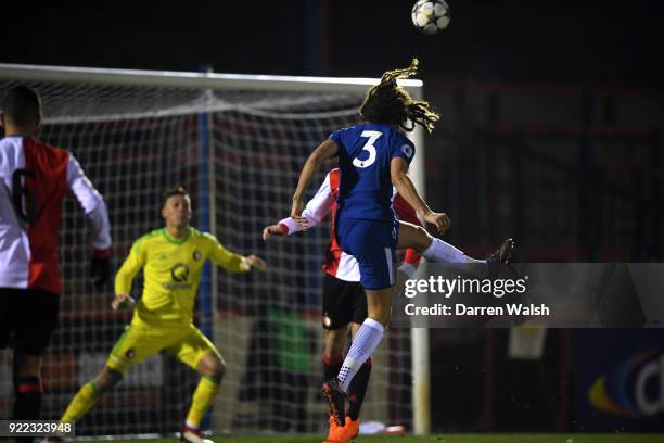 Ethan Ampadu of Chelsea scores his goal and Chelsea's 1st during the UEFA Youth League Round of 16 match between Chelsea FC and Feyenoord at EBB...