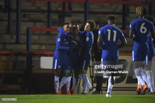 Daishawn Redan of Chelsea celebrates his goal and Chelsea's 2nd with Juan Castillo and Harvey St Clair during the UEFA Youth League Round of 16 match...