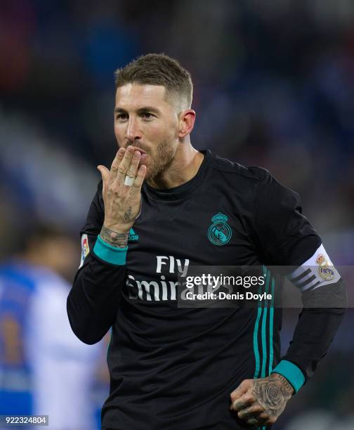 Sergio Ramos of Real Madrid celebrates after scoring his teamÕs third goal from the penalty spot during the La Liga match between Leganes and Real...