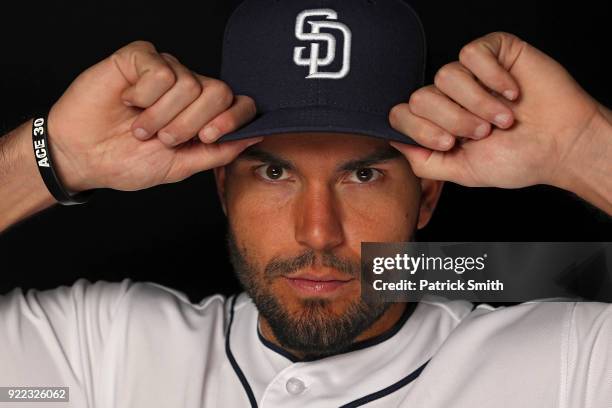 Eric Hosmer of the San Diego Padres poses on photo day during MLB Spring Training at Peoria Sports Complex on February 21, 2018 in Peoria, Arizona.