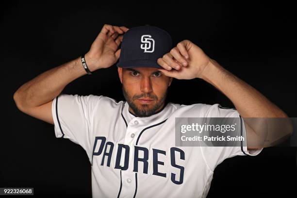 Eric Hosmer of the San Diego Padres poses on photo day during MLB Spring Training at Peoria Sports Complex on February 21, 2018 in Peoria, Arizona.