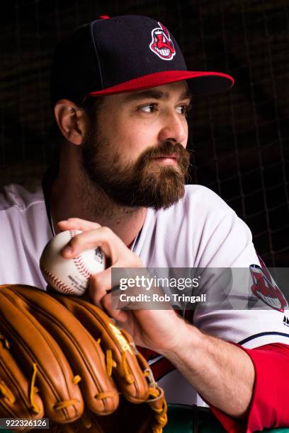 Andrew Miller of the Cleveland Indians poses for a portrait at the Cleveland Indians Player Development Complex on February 21, 2018 in Goodyear,...