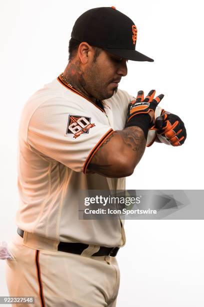 Catcher Hector Sanchez poses for a photo during the San Francisco Giants photo day on Tuesday, Feb. 20, 2018 at Scottsdale Stadium in Scottsdale,...