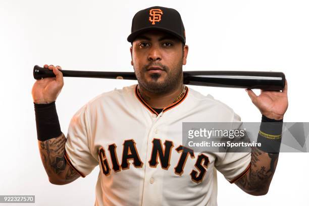 Catcher Hector Sanchez poses for a photo during the San Francisco Giants photo day on Tuesday, Feb. 20, 2018 at Scottsdale Stadium in Scottsdale,...