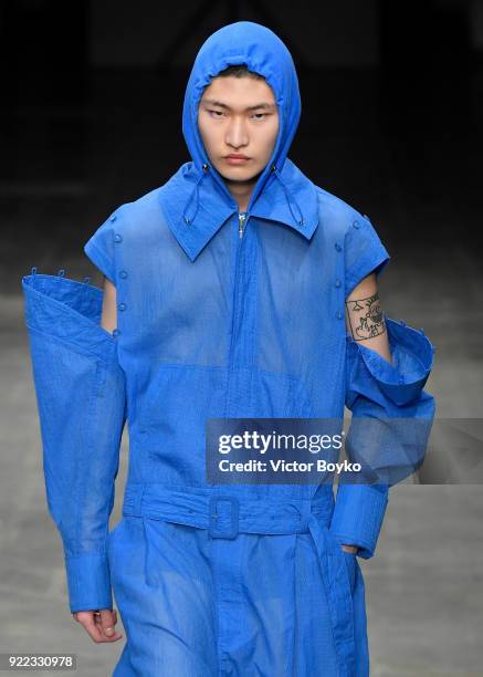 Model walks the runway at the Angel Chen show during Milan Fashion Week Fall/Winter 2018/19 on February 21, 2018 in Milan, Italy.