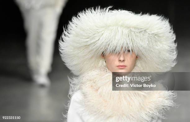 Model, detail, walks the runway at the Angel Chen show during Milan Fashion Week Fall/Winter 2018/19 on February 21, 2018 in Milan, Italy.