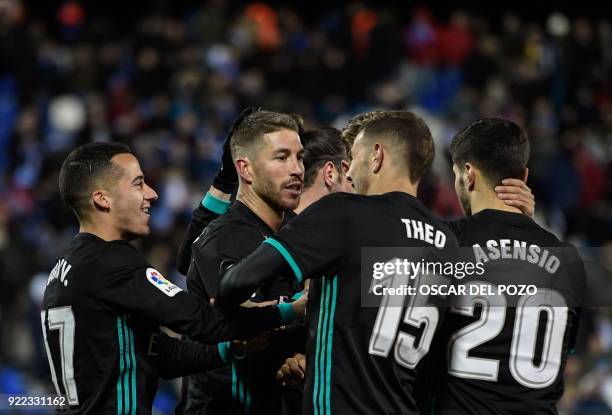 Real Madrid's Spanish defender Sergio Ramos celebrates with teammates after scoring during the Spanish league football match Club Deportivo Leganes...