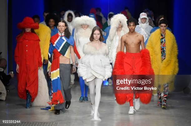 Models walk the runway at the Angel Chen show during Milan Fashion Week Fall/Winter 2018/19 on February 21, 2018 in Milan, Italy.