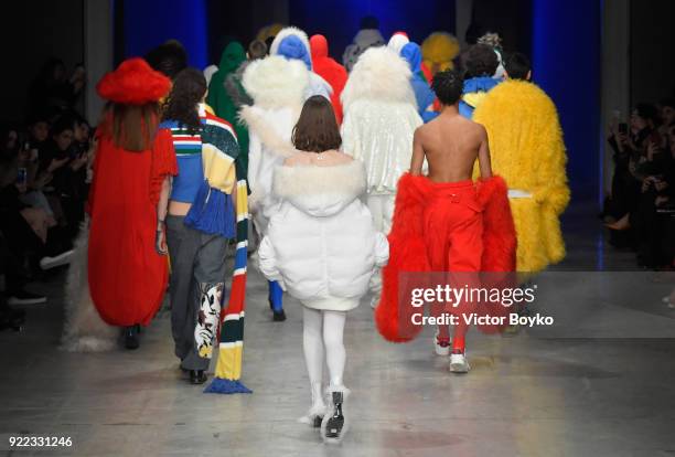 Models walk the runway at the Angel Chen show during Milan Fashion Week Fall/Winter 2018/19 on February 21, 2018 in Milan, Italy.