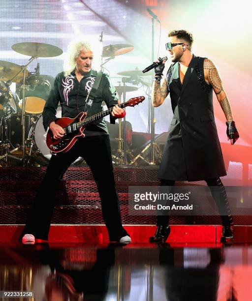Adam Lambert and Brian May perform with Queen at Qudos Bank Arena on February 21, 2018 in Sydney, Australia.