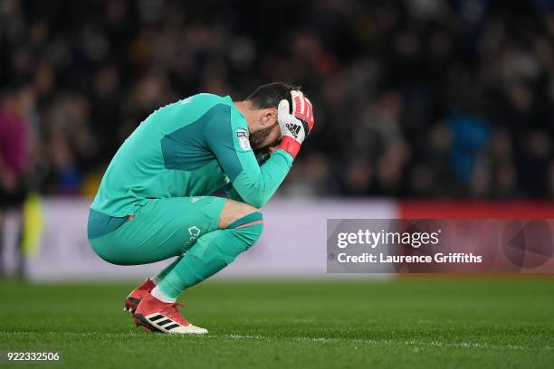 Scott Carson of Derby County looks dejected during the Sky Bet Championship match between Derby County and Leeds United at iPro Stadium on February...