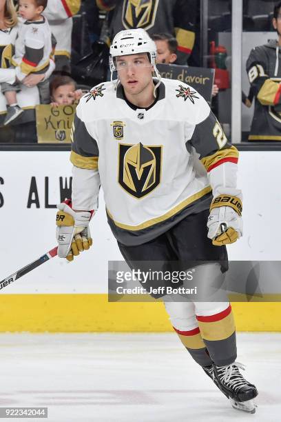 Stefan Matteau of the Vegas Golden Knights warms up prior to the game against the Anaheim Ducks at T-Mobile Arena on February 19, 2018 in Las Vegas,...