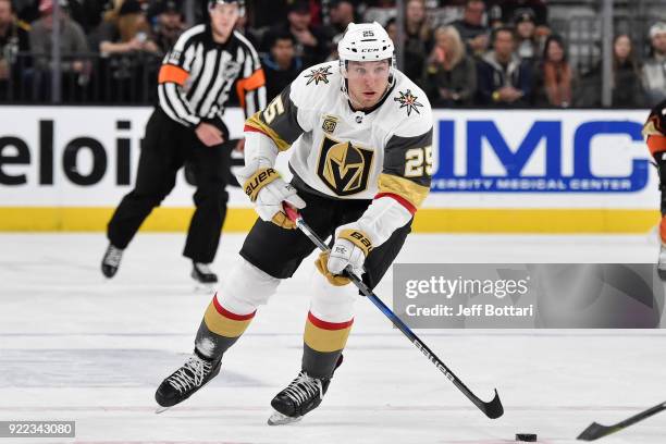 Stefan Matteau of the Vegas Golden Knights skates with the puck against the Anaheim Ducks during the game at T-Mobile Arena on February 19, 2018 in...