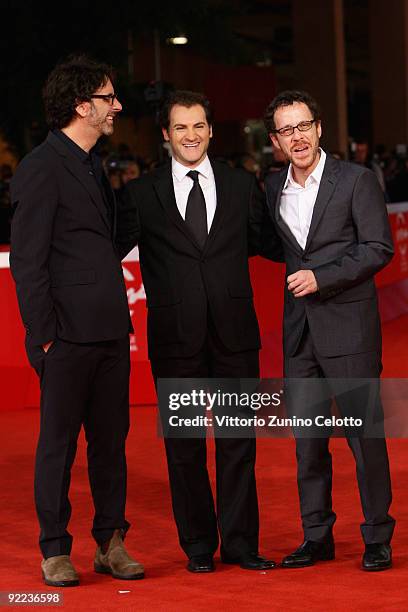 Director Joel Coen, actor Michael Stuhlbarg and director Ethan Coen attend the "A Serious Man" Premiere during Day 8 of the 4th International Rome...