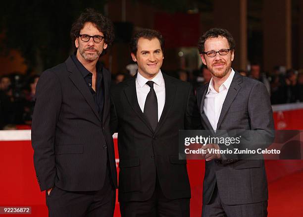 Director Joel Coen, actor Michael Stuhlbarg and director Ethan Coen attend the "A Serious Man" Premiere during Day 8 of the 4th International Rome...