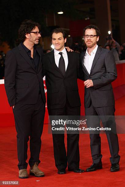 Director Joel Coen, actor Michael Stuhlbarg and director Ethan Coen attend the "A Serious Man" Premiere during Day 8 of the 4th International Rome...