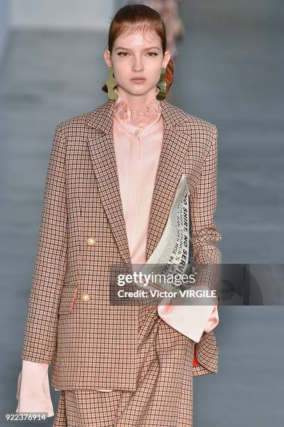 Model walks the runway at the Mother of Pearl Ready to Wear Fall/Winter 2018-2019 fashion show during London Fashion Week February 2018 on February...