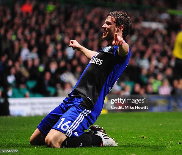 Marcus Berg of Hamburger SV celebrates after scoring his team's first goal during the UEFA Europa League Group C match between Celtic and Hamburger...