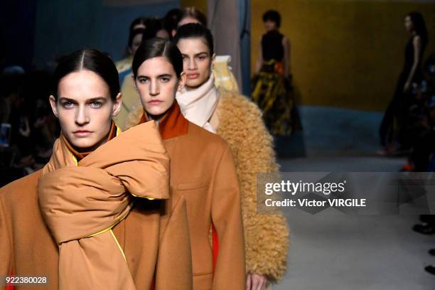 Model walks the runway at the Roksanda Ready to Wear Fall/Winter 2018-2019 fashion show during London Fashion Week February 2018 on February 19, 2018...