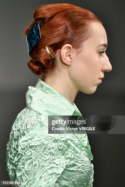 Model walks the runway at the Faustine Steinmetz Ready to Wear Fall/Winter 2018-2019 fashion show during London Fashion Week February 2018 on...