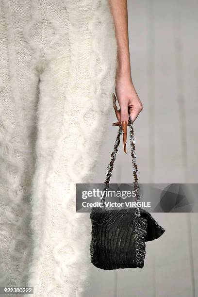 Model walks the runway at the Faustine Steinmetz Ready to Wear Fall/Winter 2018-2019 fashion show during London Fashion Week February 2018 on...