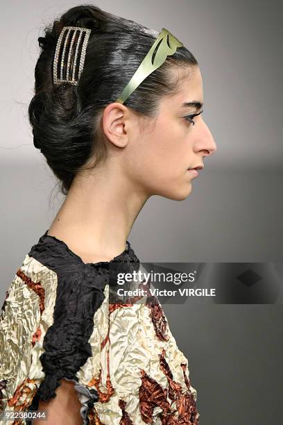 Model walks the runway at the Faustine Steinmetz Ready to Wear Fall/Winter 2018-2019 fashion show during London Fashion Week February 2018 on...