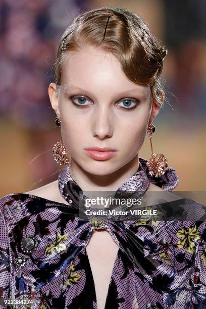 Model walks the runway at the ERDEM Ready to Wear Fall/Winter 2018-2019 fashion show during London Fashion Week February 2018 on February 19, 2018 in...