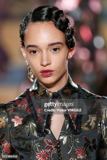 Model walks the runway at the ERDEM Ready to Wear Fall/Winter 2018-2019 fashion show during London Fashion Week February 2018 on February 19, 2018 in...