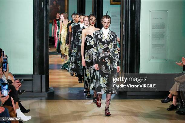 Model walks the runway at the ERDEM Ready to Wear Fall/Winter 2018-2019 fashion show during London Fashion Week February 2018 on February 19, 2018 in...