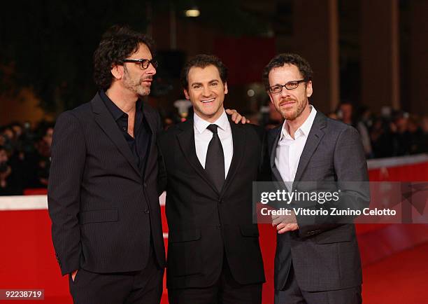 Director Joel Coen, actor Michael Stuhlbarg and director Ethan Coen attend the "A Serious Man" Premiere during Day 8 of the 4th International Rome...