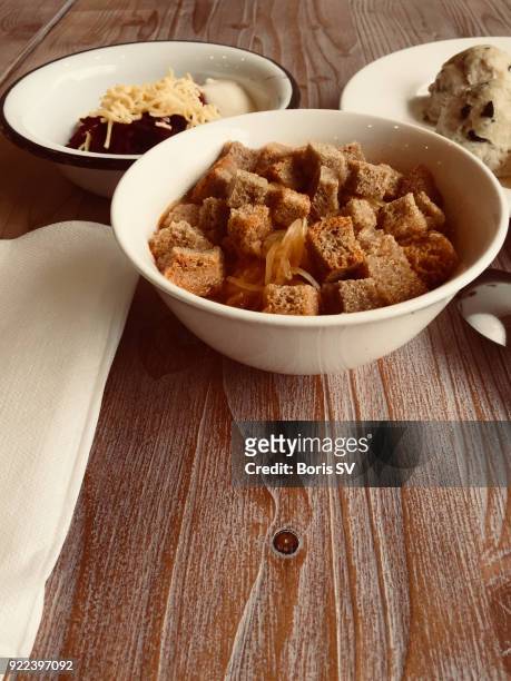 sauerkraut soup with mushrooms and croutons - krutong bildbanksfoton och bilder