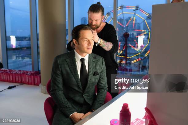 Paul Sculfor has his hair styled by hairdresser Lee Stafford ahead of the BRITS official aftershow party, in partnership with Tempus Magazine, at the...