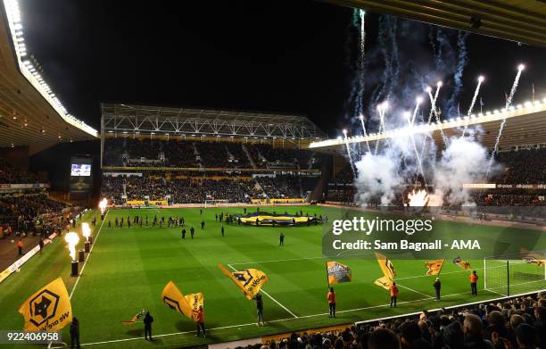 The players of Wolverhampton Wanderers and Norwich City walk onto the pitch during the Sky Bet Championship match between Wolverhampton Wanderers and...