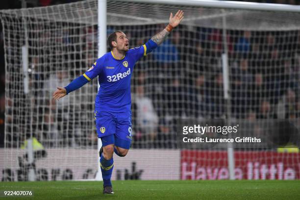 Pierre-Michel Lasogga of Leeds celebrates scoring to make it 1-0 during the Sky Bet Championship match between Derby County and Leeds United at iPro...