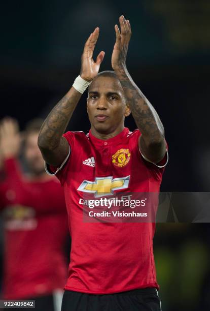 Ashley Young of Manchester United applauds the fans after the FA Cup Fifth Round match between Huddersfield Town and Manchester United at the...