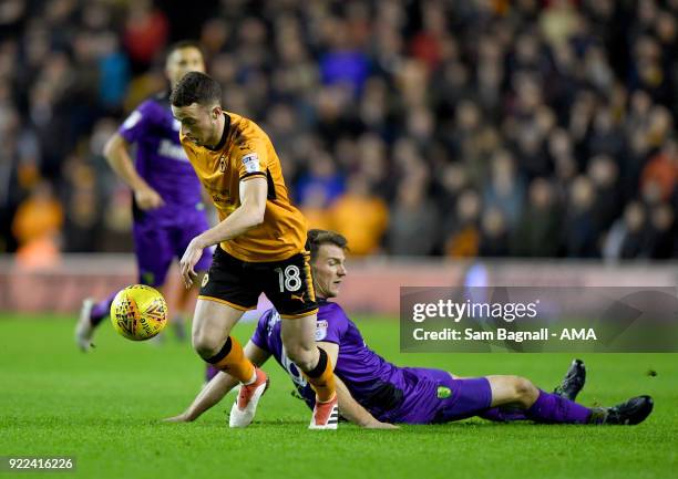 Diogo Jota of Wolverhampton Wanderers leaves Christoph Zimmermann of Norwich City on his backside during the Sky Bet Championship match between...