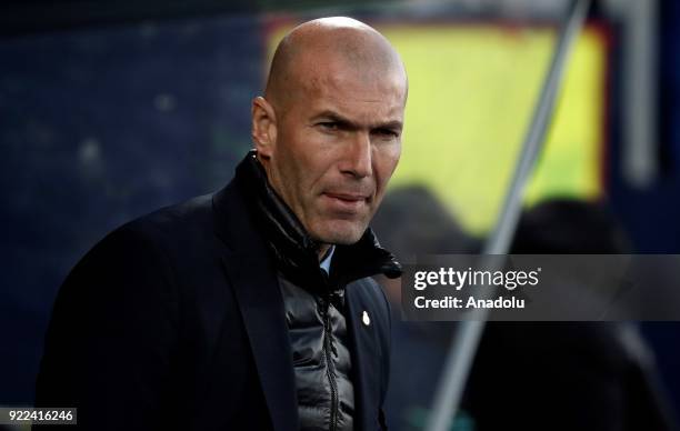 Head Coach of Real Madrid Zinedine Zidane gestures during the La Liga football match between Leganes and Real Madrid at the Estadio Municipal...