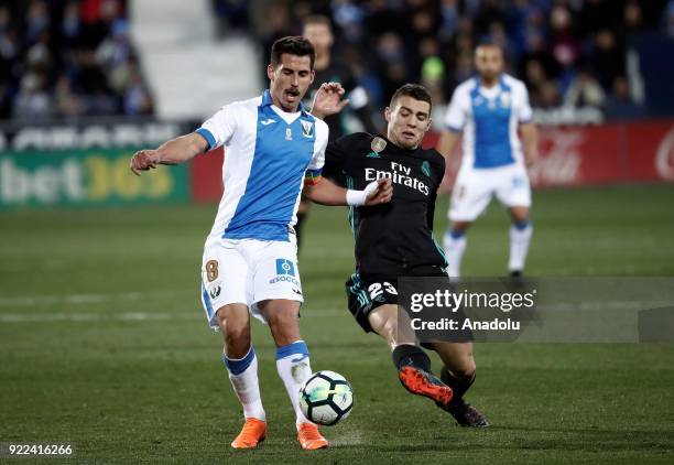 Mateo Kovacic of Real Madrid in action against Gabriel of Leganes during the La Liga football match between Leganes and Real Madrid at the Estadio...